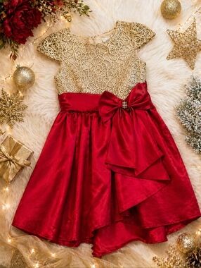 Rare Editions Embroidered Dress Party Girls Size 5 Red Gold Satin Bow Holiday
